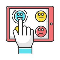 Online survey color icon. Share feedback. Choosing positive and negative option. Hand picking emoticon on tablet display. Anonymous poll. Customer satisfaction level. Isolated vector illustration