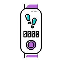 Fitness tracker with step counter color icon. Trendy wellness device with electronic pedometer. Active lifestyle gadget, smartwatch showing steps number. Isolated vector illustration