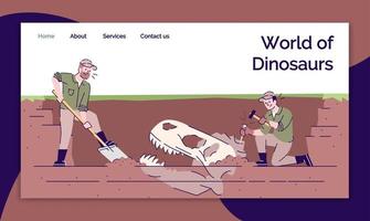 Plantilla vectorial de página de destino del mundo de los dinosaurios. idea de interfaz de sitio web de excavaciones arqueológicas con ilustraciones planas. diseño de la página de inicio de investigación paleontológica. banner web, concepto de dibujos animados de página web vector