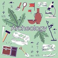 Archelogy vector web banner vector template. Archaeological equipment and artifacts cartoon color icons background. Historical and paleontological field research flat illustration set