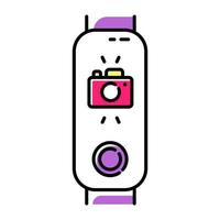 Fitness tracker with camera on display color icon. Trendy wellness gadget with instant snapshot photo option. Modern device with distance camera control. Isolated vector illustration