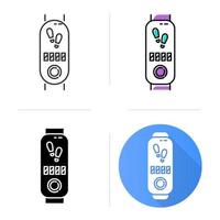 Fitness tracker with step counter icons set. Trendy wellness device with electronic pedometer. Active lifestyle gadget with steps number. Linear, black and color styles. Isolated vector illustrations