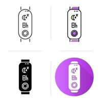 Fitness tracker with sleep time indication icons set. Gadget for monitoring night rest duration. Wellness device with relax period control. Linear, black, color styles. Isolated vector illustrations