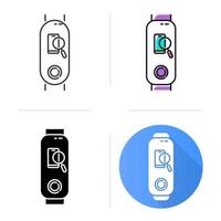 Fitness tracker with smartphone finder option icons set. Wellness gadget with lost cellphone location identification function. Linear, black and color styles. Isolated vector illustrations