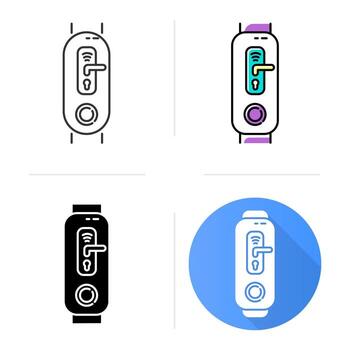 rastreador de fitness con conjunto de iconos de función de bloqueo de puerta digital. dispositivo portátil con opción de control inteligente del hogar. pictograma de la manija de la puerta. estilos lineales, negros y de color. ilustraciones de vectores aislados