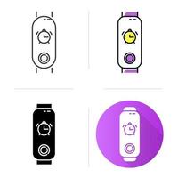 Fitness tracker with alarm clock function icons set. Wellness device with waking up option. Active lifestyle gadget with wakeup reminder. Linear, black and color styles. Isolated vector illustrations