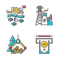 Industry types color icons set. Fishing, energy, timber, financial sectors of economy. Business spheres. Goods and services production. Isolated vector illustrations