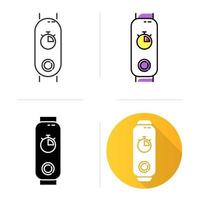 Fitness tracker with stop watch on display icons set. Trendy wellness device with digital timer. Active lifestyle gadget with chronometer. Linear, black and color styles. Isolated vector illustrations