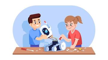 Robotics course for children flat vector illustration. Learning mechanics, electronics with constructor for kids. Young students learning bot mechanism. Boy and girl assemble robot cartoon characters