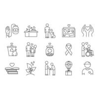 Volunteering linear icons set. Reliance on volunteers in problem solving. Social activity. Community service help. Thin line contour symbols. Isolated vector outline illustrations. Editable stroke
