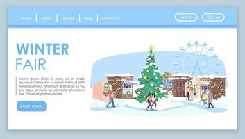 Winter fair landing page vector template. Christmas city street market, funfair website interface idea with flat illustrations. New Year holiday celebration event web banner, webpage cartoon concept