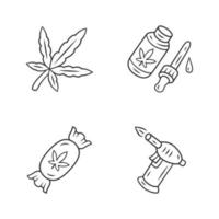 Weed products linear icons set. Cannabis industry. Marijuana legalization. Hemp distribution, sale. Alternative medication. Thin line contour symbols. Isolated vector illustrations. Editable stroke