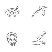 Medical procedure linear icons set. Vision correction. Stitching open wound. Cosmetology. Laser therapy. Thin line contour symbols. Isolated vector outline illustrations. Editable stroke