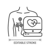 Electrocardiogram linear icon. Heart disease examination. Pulse rate on screen. Cardiology. Medical procedure. Thin line illustration. Contour symbol. Vector isolated outline drawing. Editable stroke