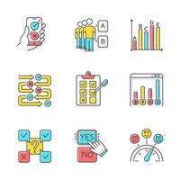 Survey color icons set. Online poll. Choose option. Select correct and wrong answer. Approve, disaprrove. Social opinion. Mass poll. Written test. Statistics infograph. Isolated vector illustrations