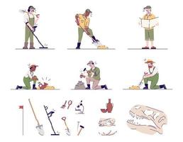 Archeology flat vector illustrations set. Historical researching. Archeologists at work, archeological equipment, artifacts isolated cartoon characters with outline elements on white background