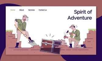 Spirit of adventure landing page vector template. Treasure hunt website interface idea with flat illustrations. Archeological excavations homepage layout. Web banner, webpage cartoon concept