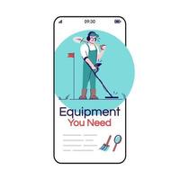 Equipment you need smartphone app screen. Mobile phone displays with cartoon characters design mockup. Archeologist gear. Ground scanning and digging tools application telephone interface vector