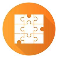 Jigsaw puzzle orange flat design long shadow glyph icon. Tiling, assembly game. Interlocking pieces. Mental exercise. Ingenuity test. Brain teaser. Solution finding. Vector silhouette illustration