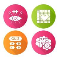 Puzzles and riddles flat design long shadow glyph icons set. Trivia quiz. Nonogram. Logic games. Problem solving. Mental exercise. Challenge. Visual brain teasers. Vector silhouette illustration