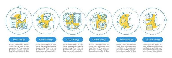 Allergy types vector infographic template. Business presentation design elements. Animal, clothes allergy. Data visualization with six steps, option. Process timeline chart. Workflow layout with icons