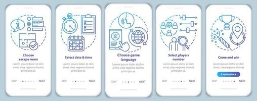 tutorial de reserva de sala de escape incorporando la pantalla de la página de la aplicación móvil con conceptos lineales. elige la fecha de la misión. instrucciones gráficas de los pasos del tutorial azul. ux, ui, plantilla vectorial gui con ilustraciones vector