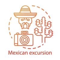 Mexican excursion concept icon. South American desert sights. Tour of Mexico. Camera, men head in sombrero, saguaro cactus idea thin line illustration. Vector isolated outline drawing. Editable stroke