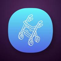 Rollator walker app icon. Mobility aid device for physically disabled people. Pensioner, elderly wheel walker equipment. UI UX user interface. Web or mobile application. Vector isolated illustration