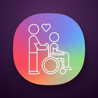 Disabled people help app icon. Volunteer responsibility for handicapped. Nursing care. Man carries invalid in wheelchair. UI UX user interface. Web or mobile application. Vector isolated illustration