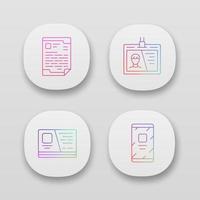 Business supplies app icons set. UI UX user interface. Web or mobile applications. Businessman tools vector isolated illustrations. Letterhead paper, employee badge, id card and mobile phone