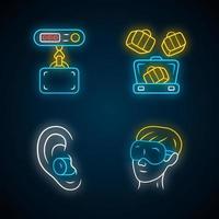 accesorios de viaje conjunto de iconos de luz de neón. equipaje digital, pesos de equipaje, cubos de embalaje. tapones para los oídos con cancelación de ruido, antifaz de viaje para dormir. signos brillantes. Ilustraciones de vectores aislados