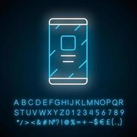 Mobile phone, cell phone neon light icon. Glowing sign with alphabet, numbers and symbols. Modern smartphone vector isolated illustration. Communication technology, cellphone with touchscreen