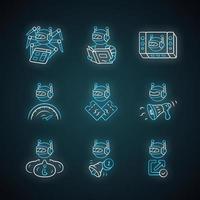 conjunto de iconos de luz de neón de robots web. rastreador, lectura de texto, propaganda, bot informativo. Robot proactivo, optimizador. inteligencia artificial. aplicación de software signos brillantes. Ilustraciones de vectores aislados