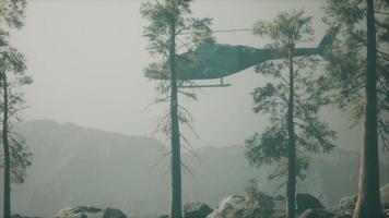 Helicóptero volador en cámara lenta extrema cerca del bosque de montaña video