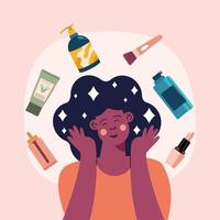 mujer afro con productos para el cuidado de la piel vector