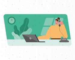woman using telephone and laptop vector