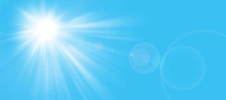 Sunny background, sun in summer on blue sky with lens flare. The sun's rays and the lens light up in a bright blue sky.Panorama format. Space for your own text. photo