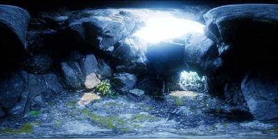 VR 360 Camera Moving inside Tropical Cave in Jungle with Palms and Sun Light video