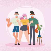 friends wearing face masks vector