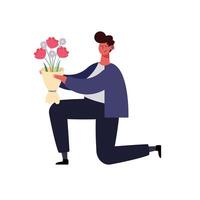 man kneeling with flowers vector