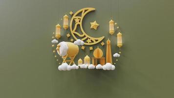 plantilla de página de destino de eid mubarak con ilustración de renderizado 3d de media luna foto