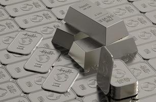 stock of silver bullion in silvered background 3d rendering illustration photo