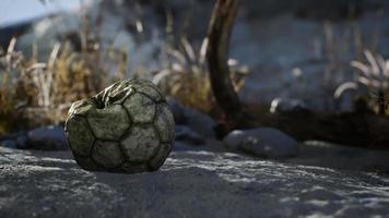 uma velha bola de futebol rasgada jogada encontra-se na areia da praia do mar