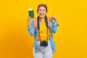 Portrait of cheerful young Asian traveler holding passport boarding pass ticket and pointing at copy space with fingers on yellow background. Passengers traveling on weekends.Air flight travel concept photo