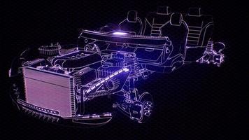 Holographic animation of 3D wireframe car model with engine video