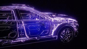 Holographic animation of 3D wireframe car model with engine video