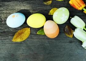 Easter eggs and leaves on old wood backgrounds above photo
