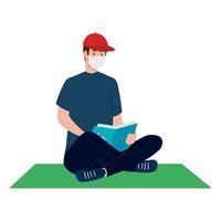 man with mask reading a book on mat vector design