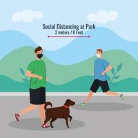 Social distancing between men with masks and dog running at park vector design