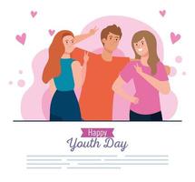 dibujos animados de mujeres y hombres sonriendo de feliz día de la juventud vector diseño